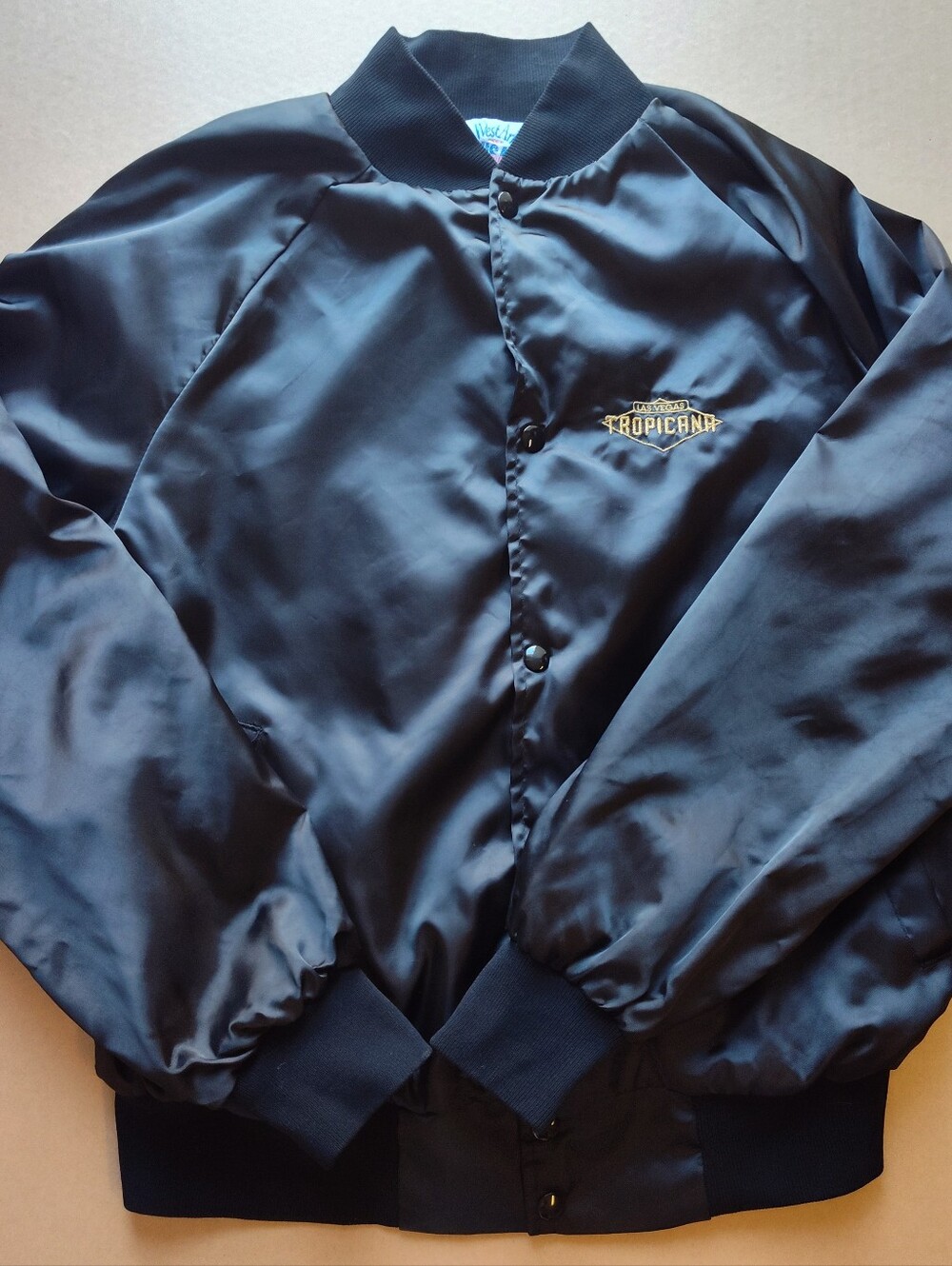 Vtg 1980s Tropicana Casino Resort Satin Bomber Jacket USA Large Las Vegas Black